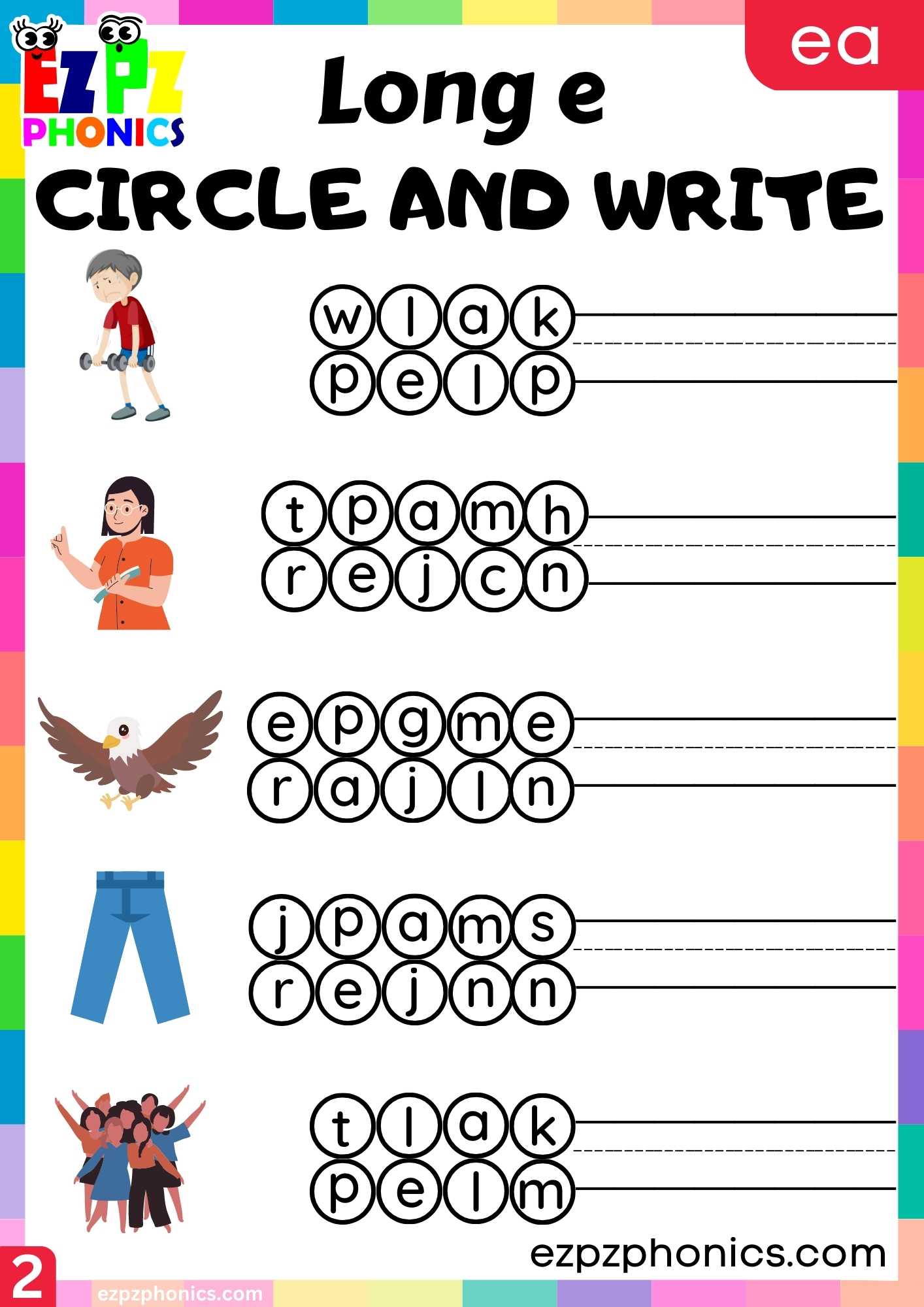 Group2 EA Words Circle And Write Long E Phonics Worksheet